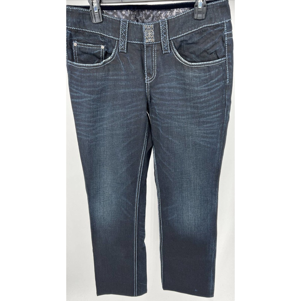 Womens Designer Dark Wash Denim Jeans Light Stitching Flap Pockets Size 10 EUC